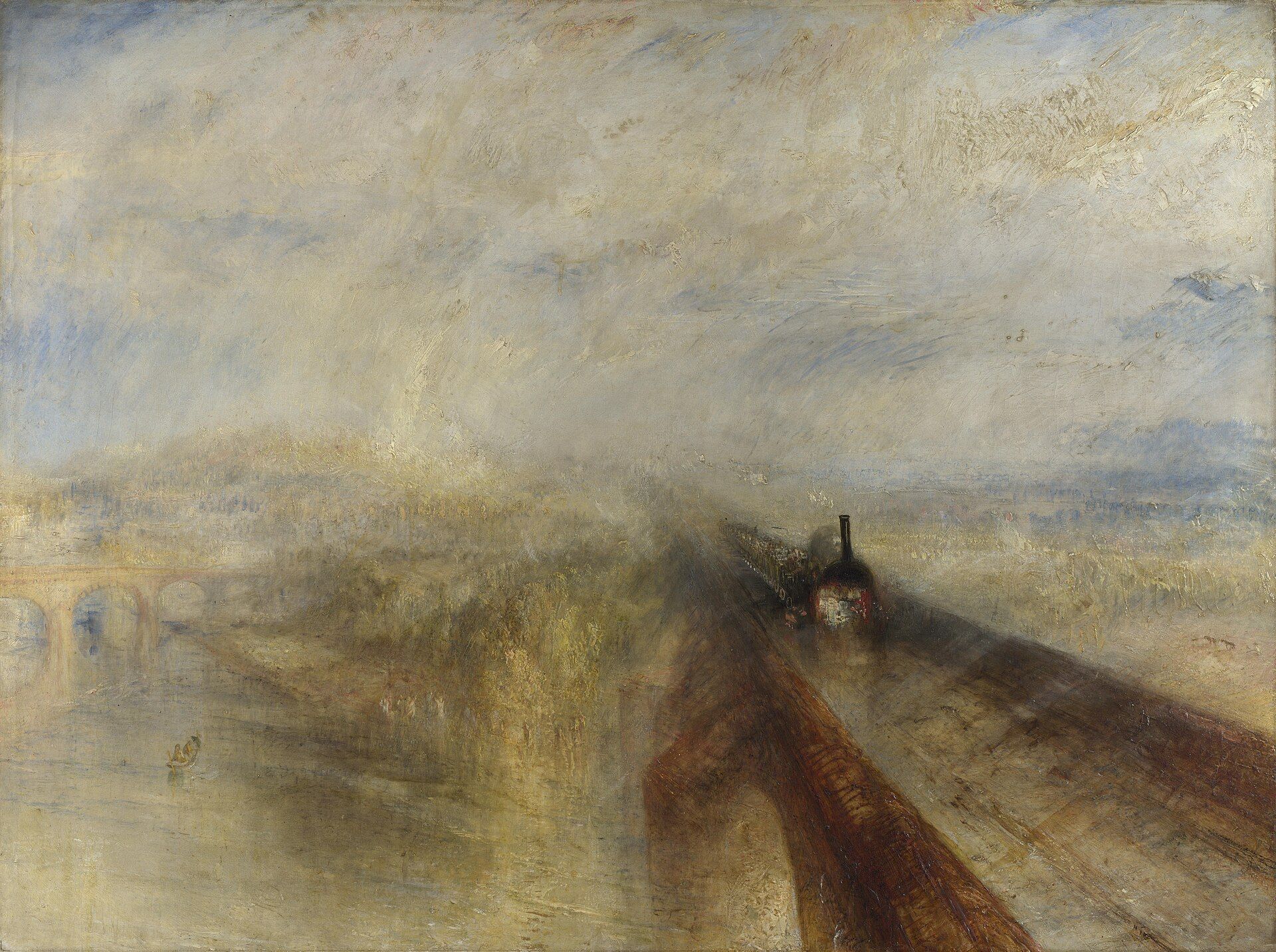A dark locomotive coming head on down a viaduct out of gold and grey haze, an older bridge and a small boat just readable on the left
