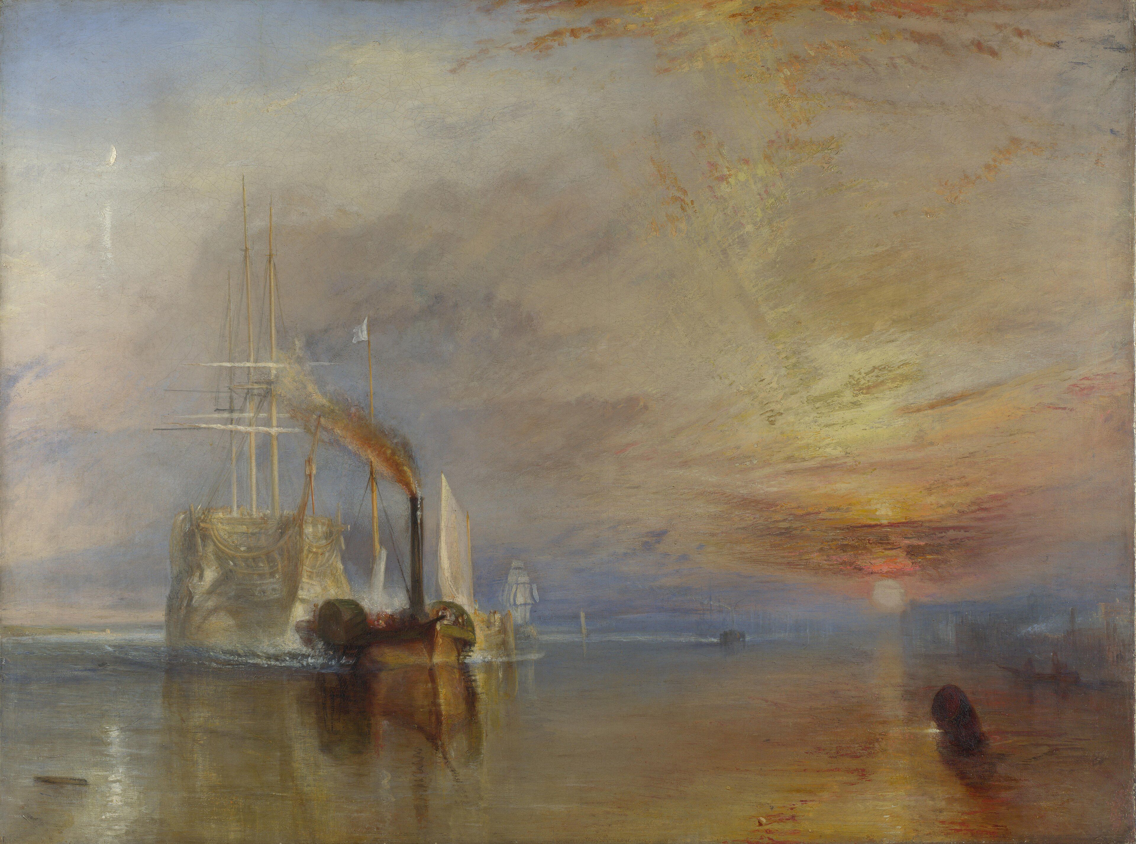 A ghost-white sailing warship is towed by a small black steam tug across a glassy harbour under a burning orange sunset