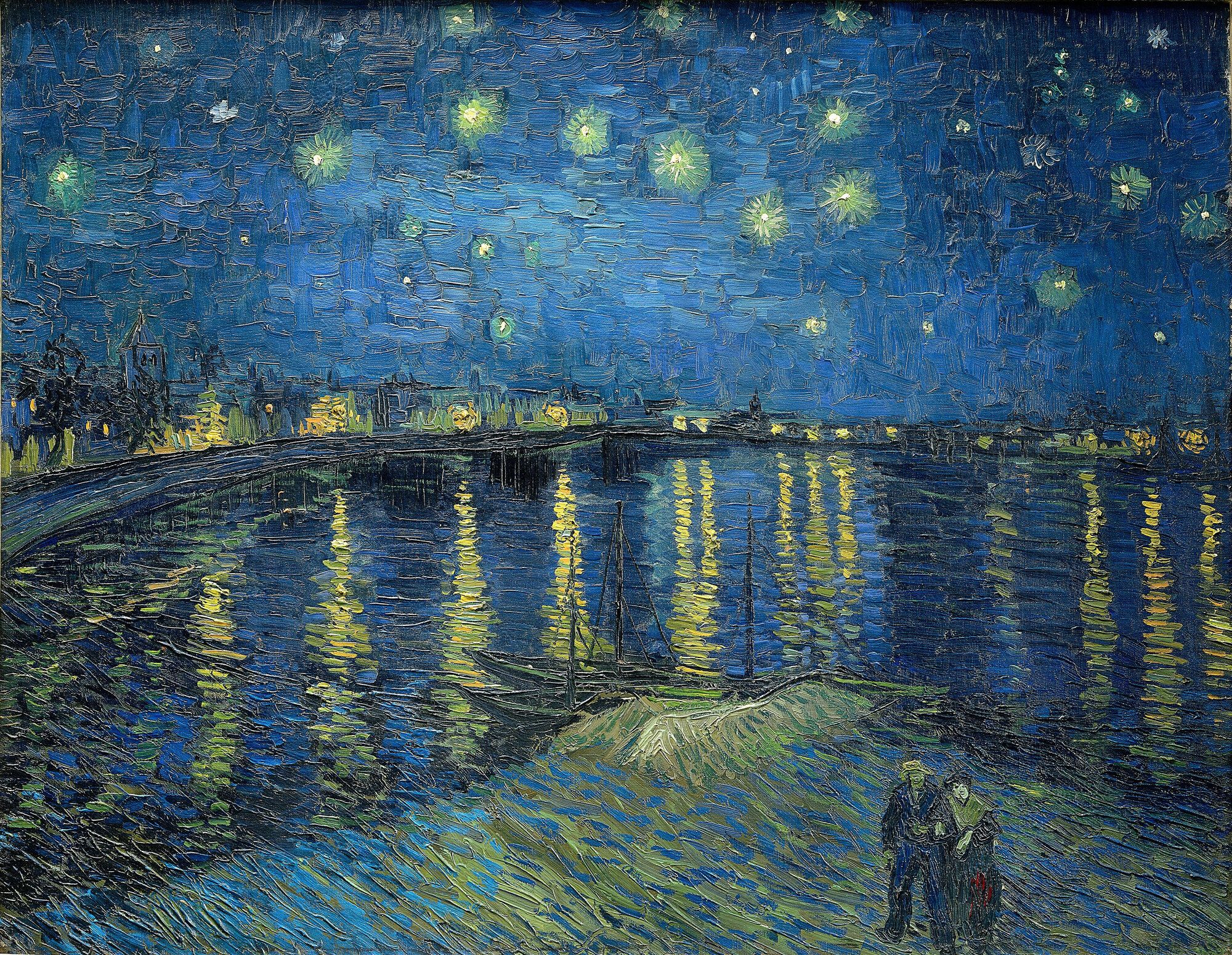 Gas lamps along a far quay doubled in the water under a deep blue sky of large stars, two figures on the near bank