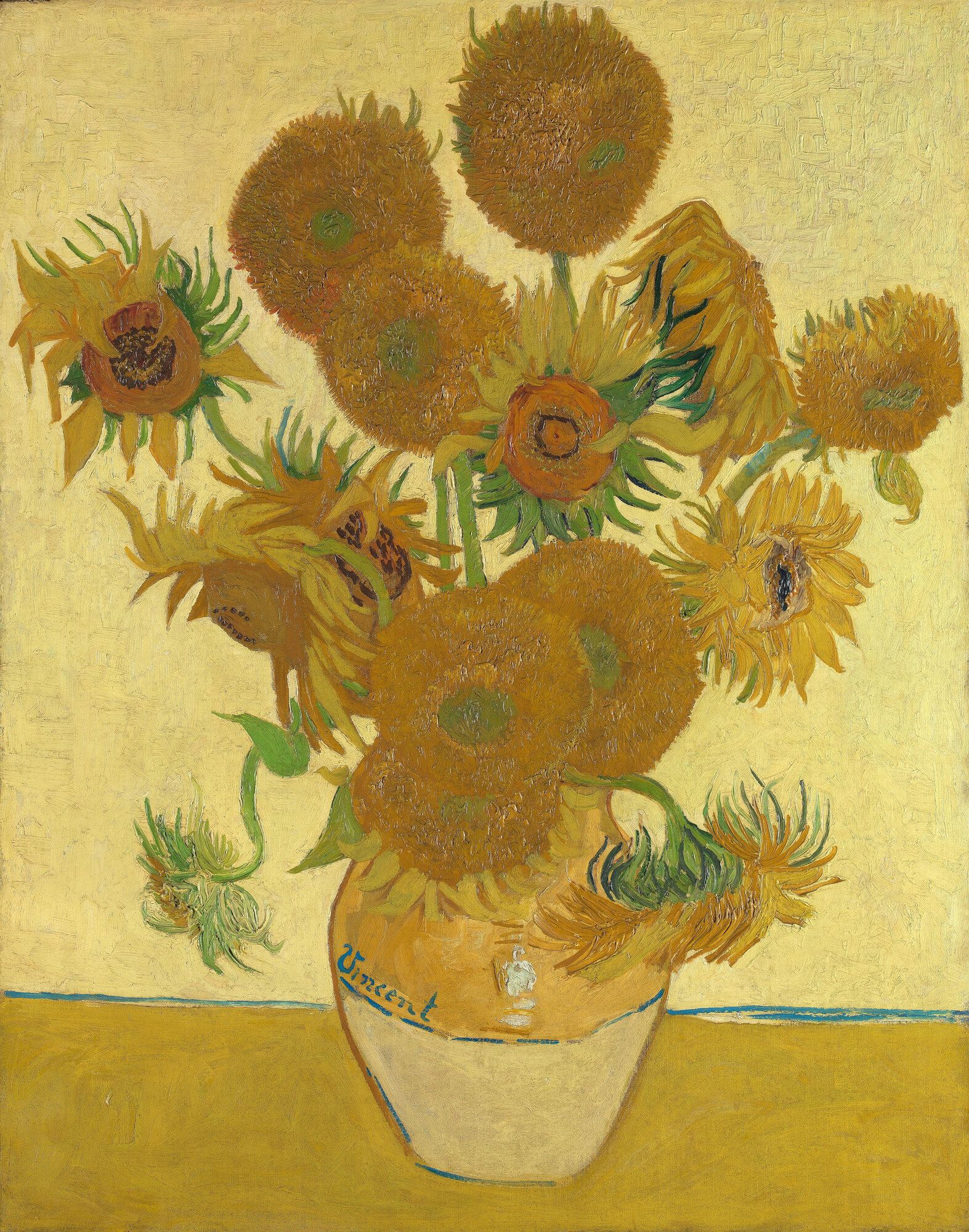 Fifteen sunflowers in a stoneware vase against a yellow ground, some in full head and some gone to seed