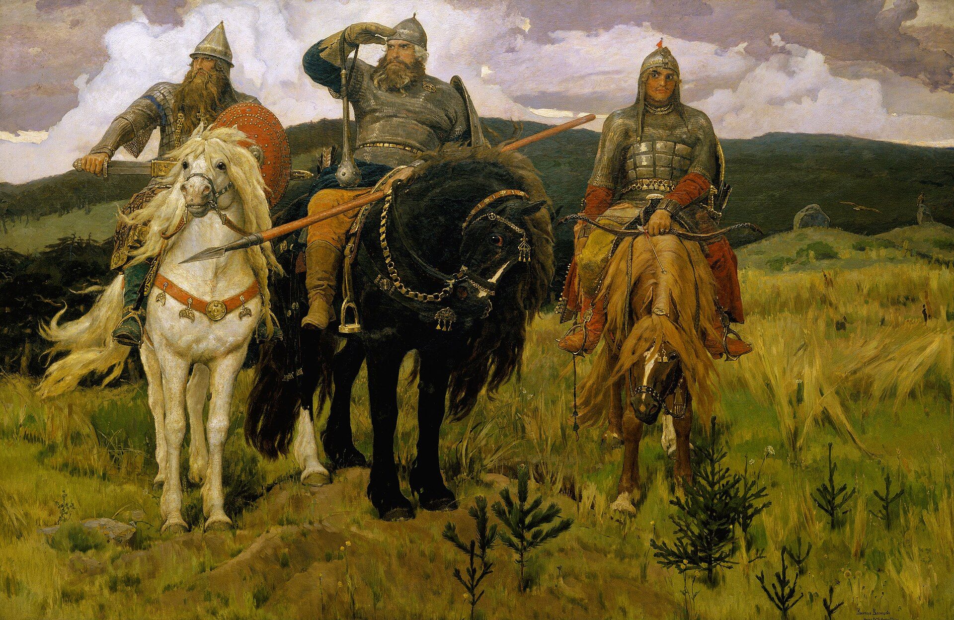 Three mounted warriors in mail and helmets halted on open grassland, scanning the horizon under a heavy grey sky