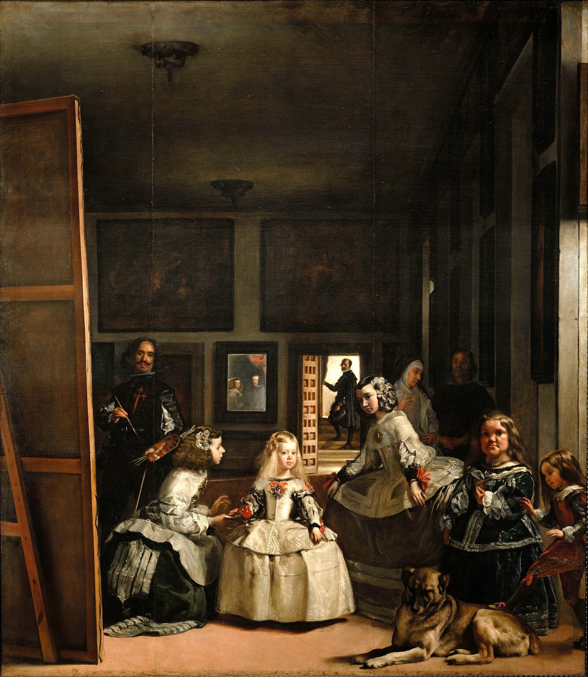 A fair-haired infanta in a wide pale gown attended by maids of honour in a high dark room, the painter at his canvas on the left and a dog lying in front