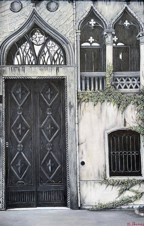 Monochrome painting of a Venetian gothic doorway with ivy spilling over a tracery window