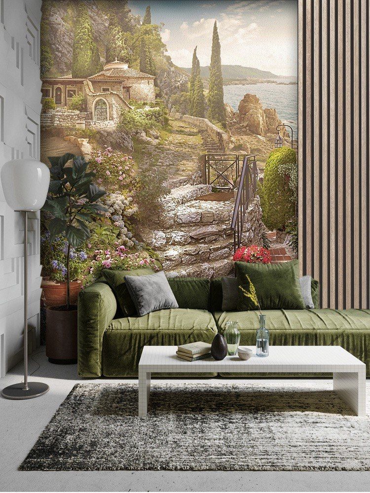 Wall panel showing a stone villa on a cliff above the sea, cypresses and hydrangeas along a flight of steps