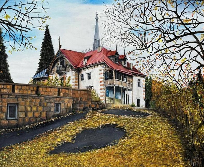 Autumn landscape with a red-roofed villa standing above a leaf-strewn drive
