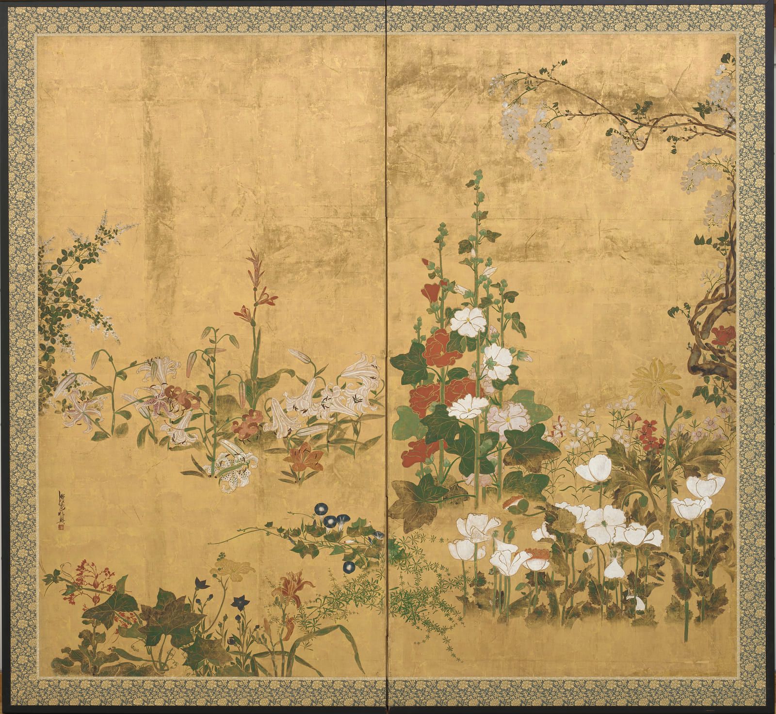 Autumn grasses and white and pink blossom scattered low across a gold ground on a folding screen