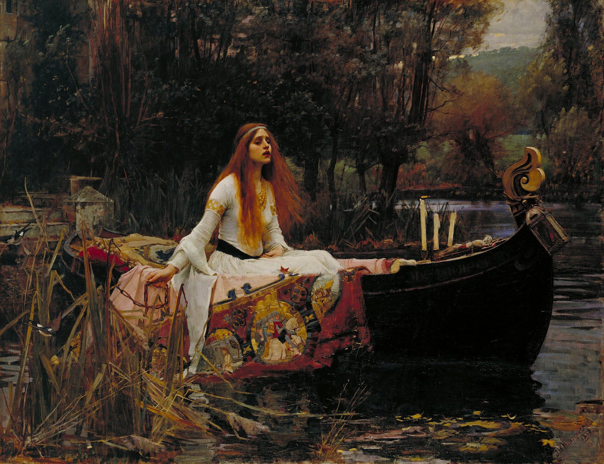 A red-haired woman in white seated in a boat hung with an embroidered cloth, casting off through reeds on a still autumn river