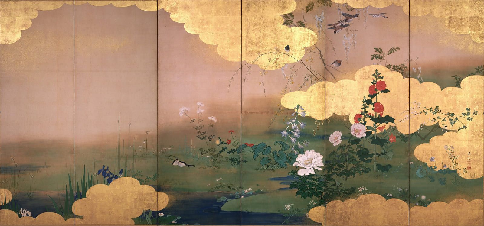 Flowering plants and small birds along a low bank, set against banded gold cloud and a soft violet sky