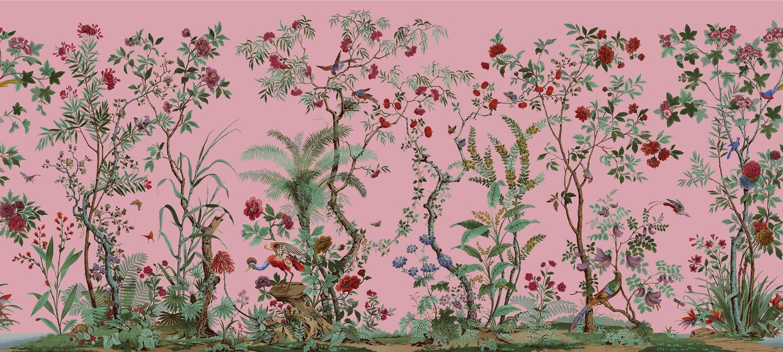 Flowering shrubs, slender trees and small birds spread across a rose-pink ground in one continuous horizontal band